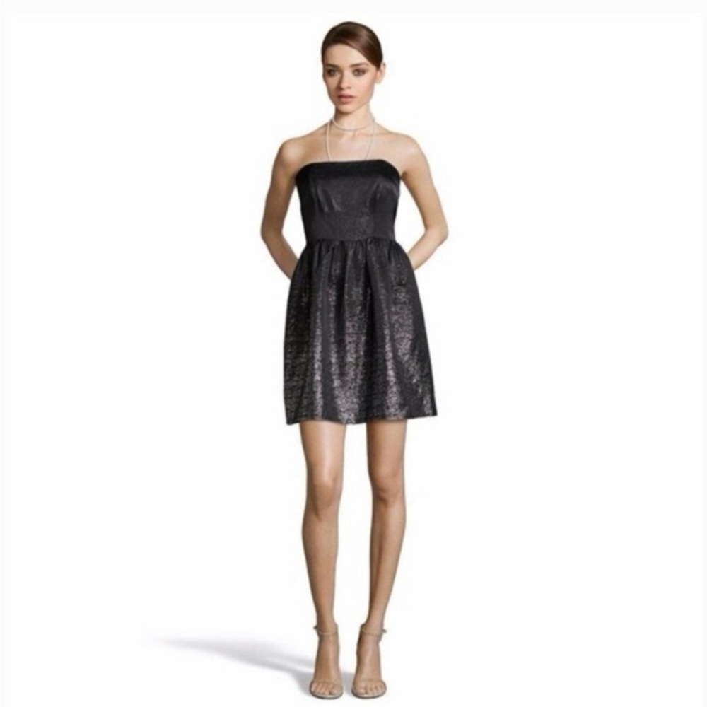 Shoshanna Ombre Shimmer Black Silver Fit Flare Strapless Cocktail Dress size 4